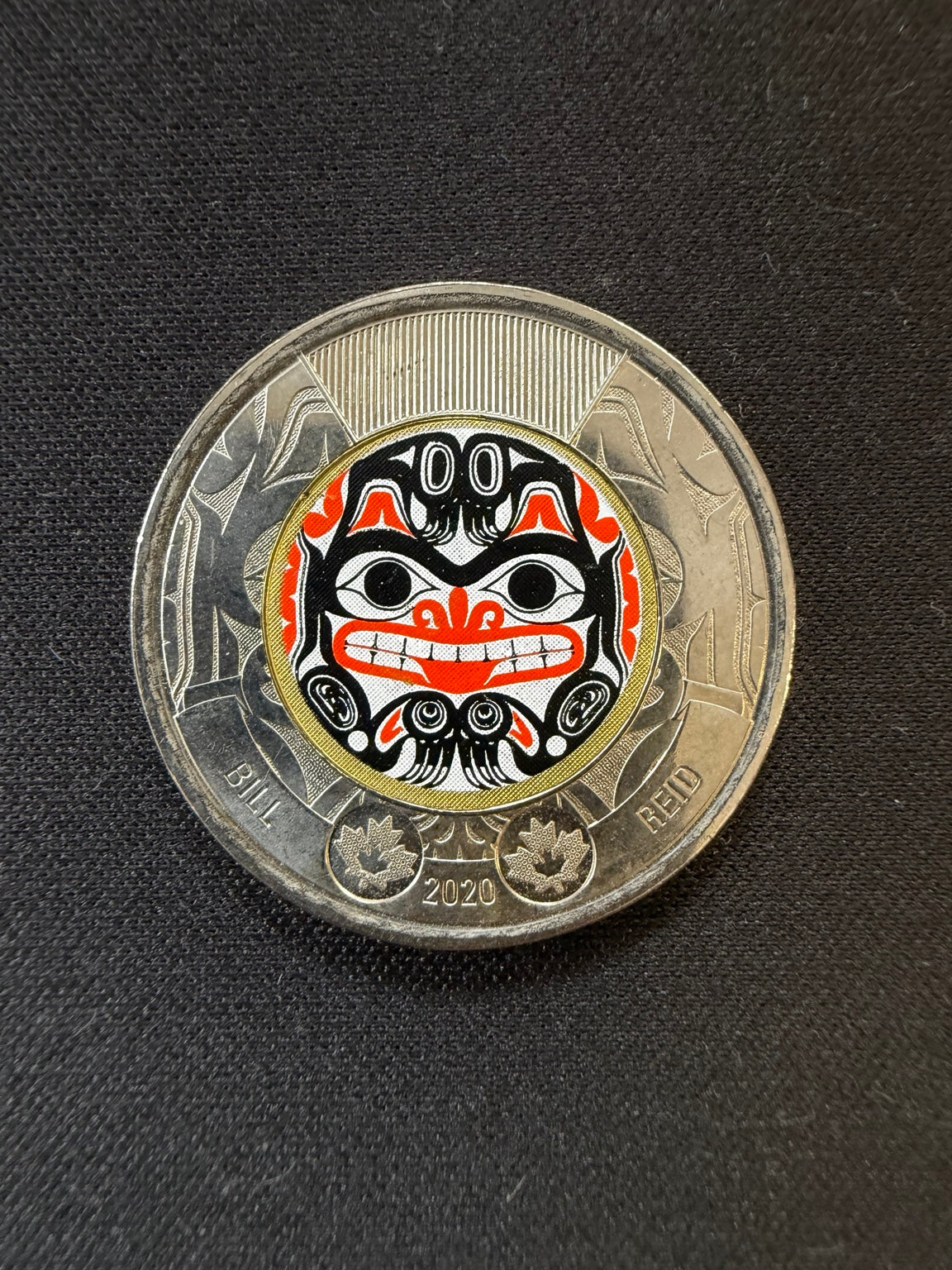 2020 Bill Reid colourized toonie reverse, representative circulated coin