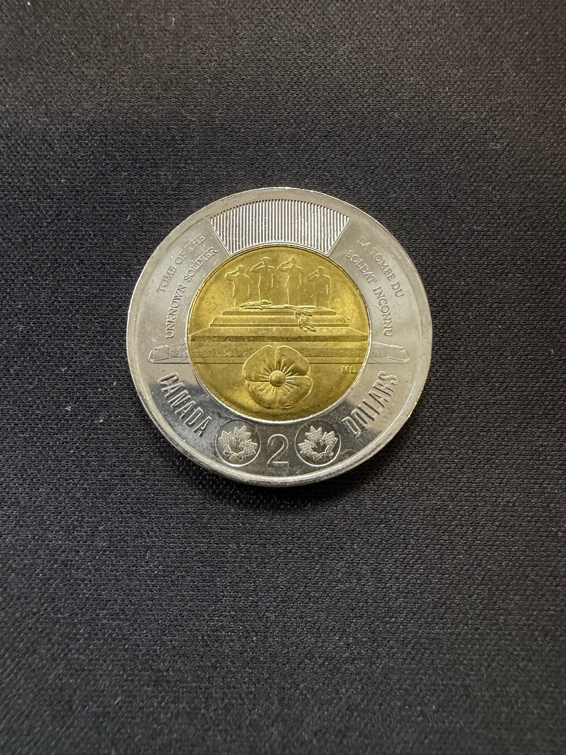 Representative 2025 Tomb of the Unknown Soldier uncolourized circulated toonie, reverse