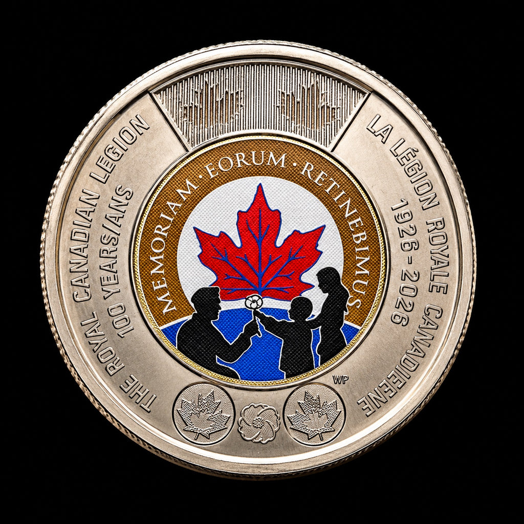 2026 Royal Canadian Legion 100th anniversary toonie, colourized closeup