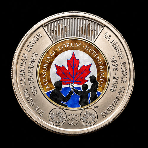 2026 Royal Canadian Legion 100th anniversary toonie, colourized closeup