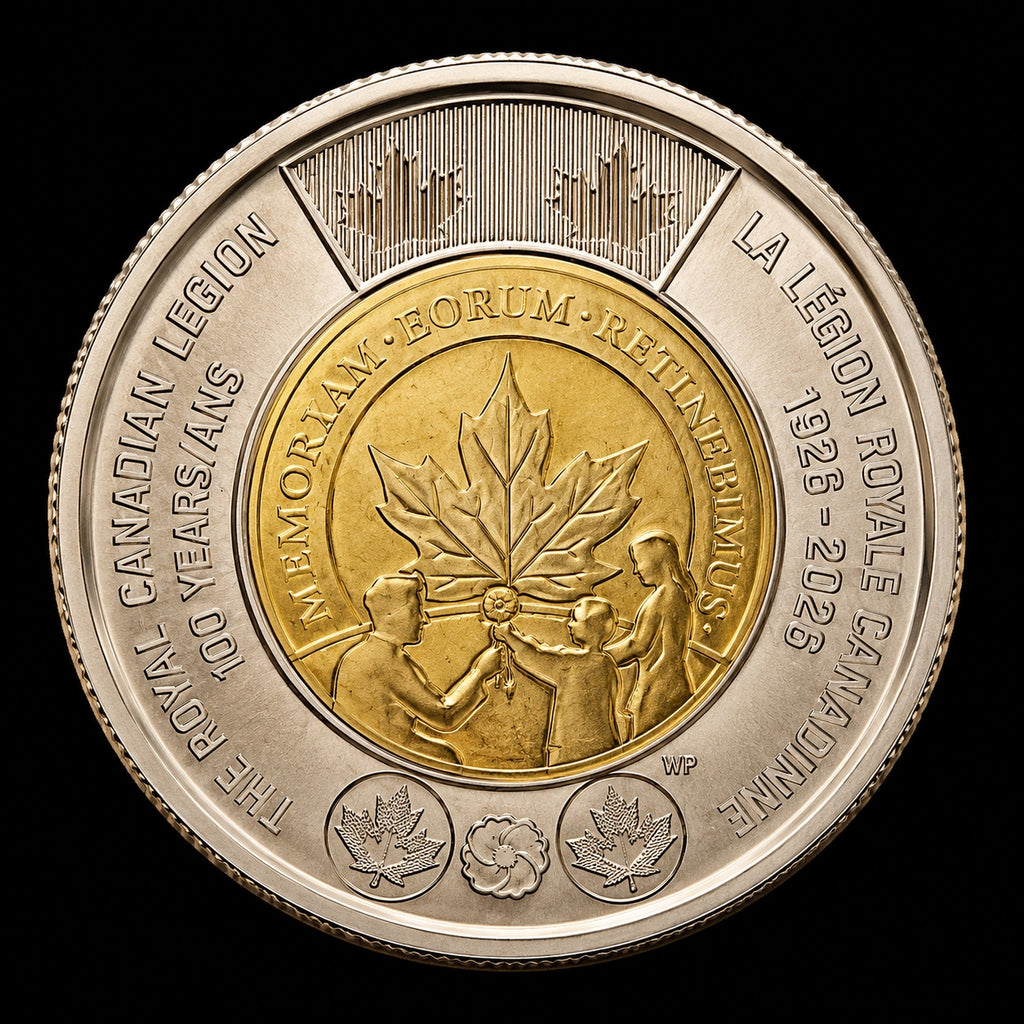 2026 Royal Canadian Legion 100th anniversary toonie, uncolourized closeup